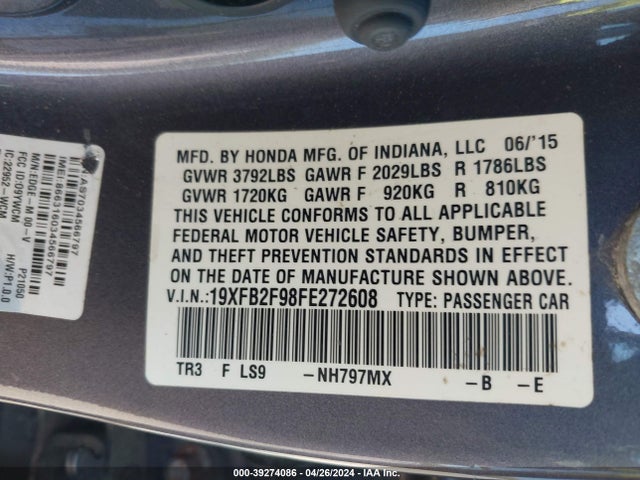 Honda Civic Ex-l 2015 19XFB2F98FE272608 Image 9