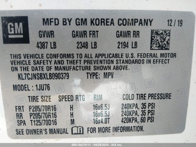 KL7CJNSBXLB090379 Chevrolet Trax Awd Ls