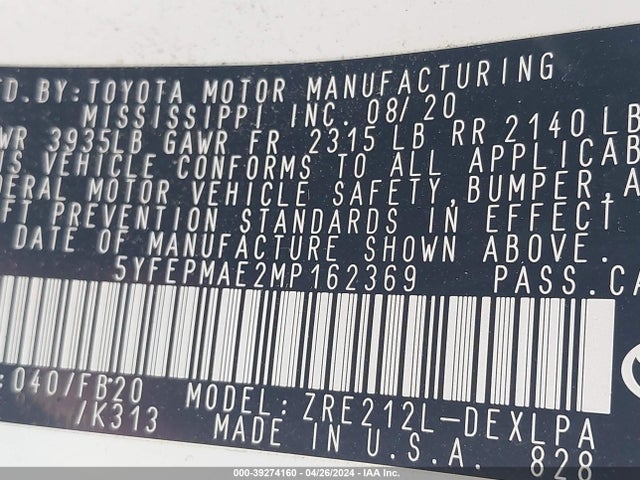 Toyota COROLLA LE 2021 5YFEPMAE2MP162369 Image 9
