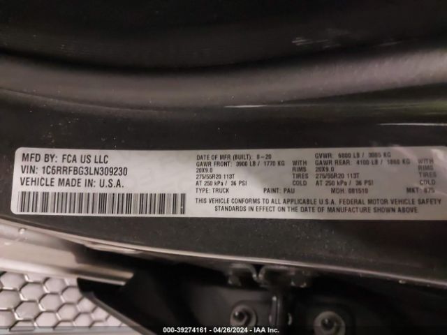 1C6RRFBG3LN309230 RAM 1500 Big Horn Quad Cab 4x4 6'4 Box