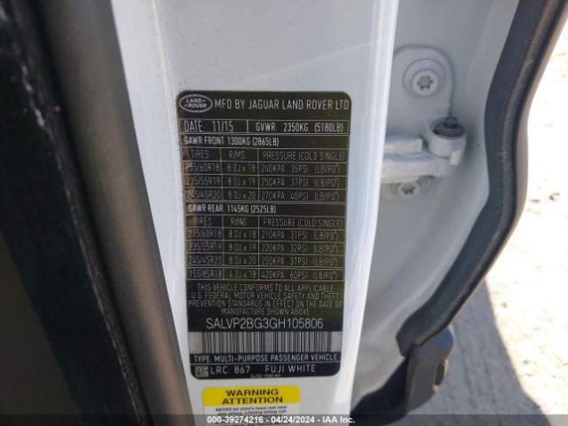 SALVP2BG3GH105806 Land Rover Range Rover Evoque Se/se Premium
