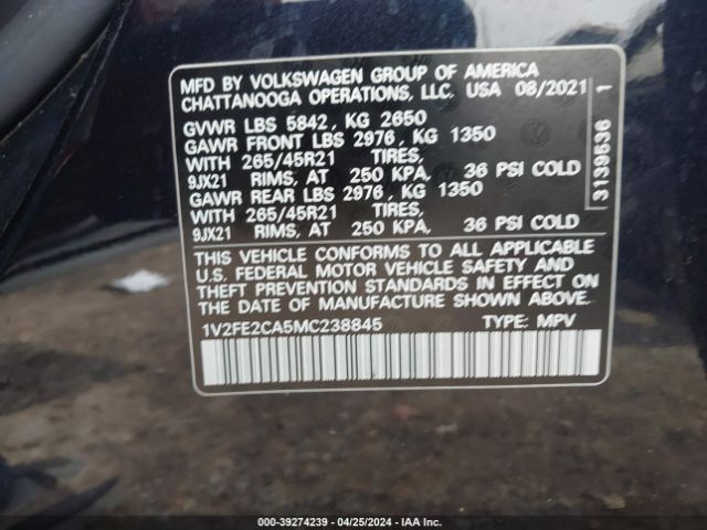 1V2FE2CA5MC238845 Volkswagen Atlas Cross Sport 3.6l V6 Sel Premium R-line