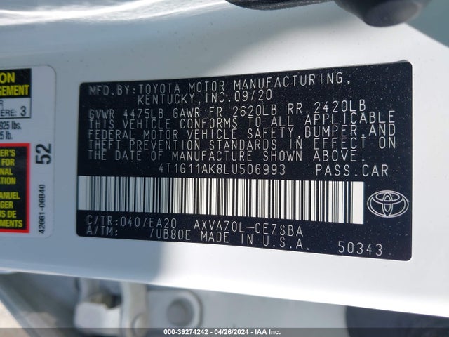 Toyota CAMRY SE 2020 4T1G11AK8LU506993 Image 9