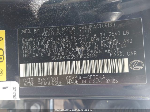 58ABK1GG5GU002149 Lexus ES 350