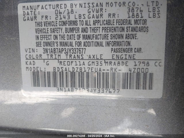 Nissan SENTRA SV 2018 3N1AB7AP3JY337677 Image 9