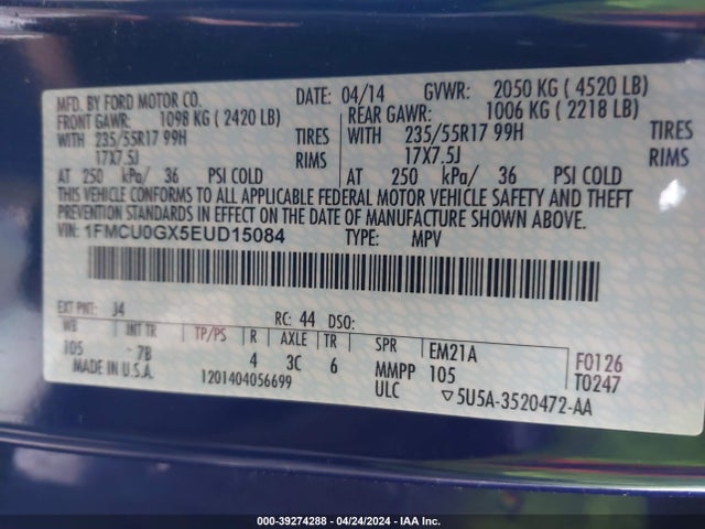 Ford ESCAPE SE 2014 1FMCU0GX5EUD15084 Image 9