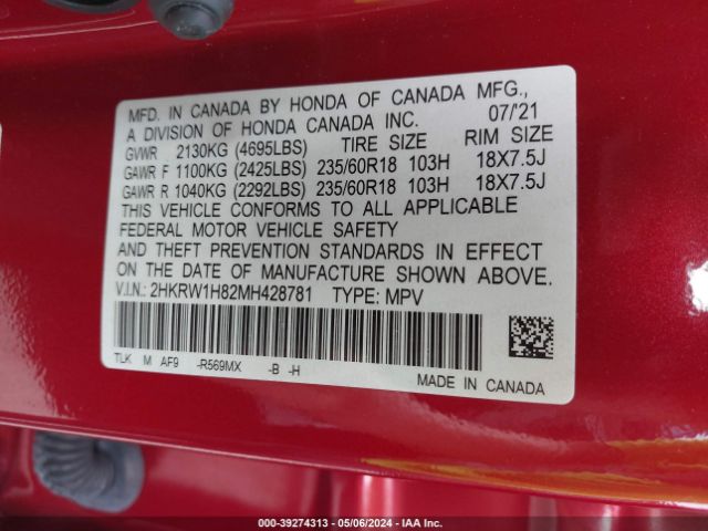 2HKRW1H82MH428781 Honda Cr-v 2wd Ex-l