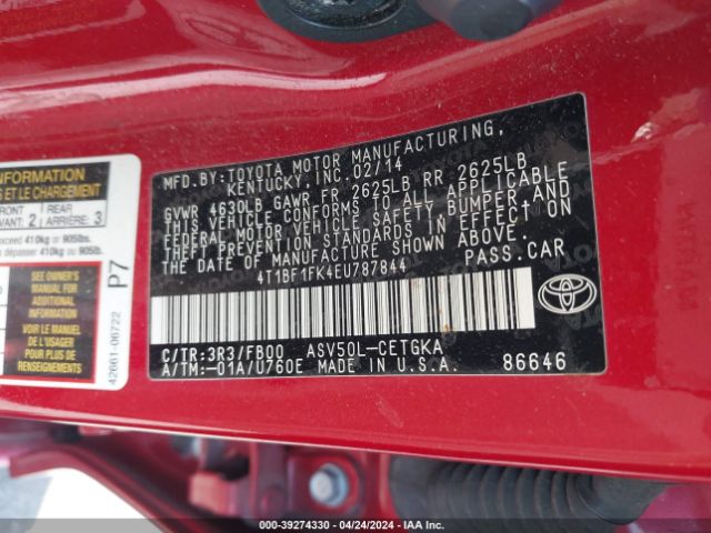 4T1BF1FK4EU787844 Toyota CAMRY XLE