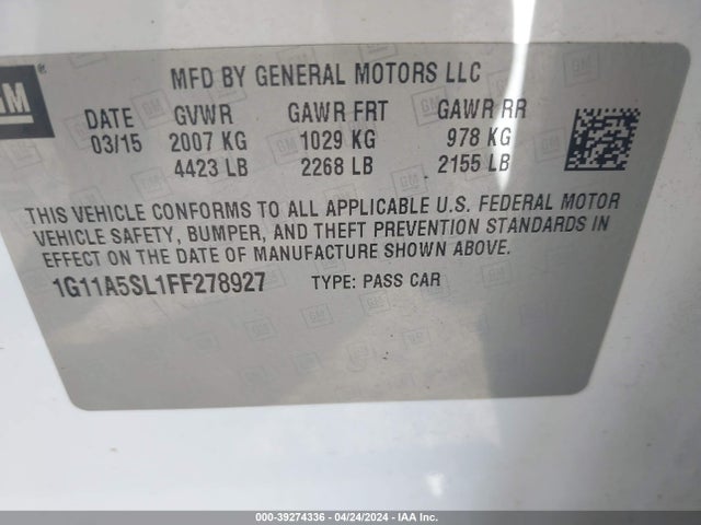 Chevrolet Malibu 1fl 2015 1G11A5SL1FF278927 Image 9