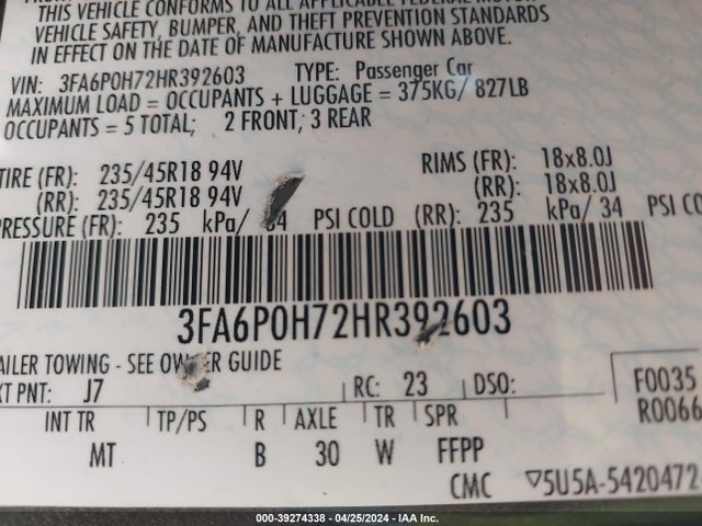 Ford FUSION SE 2017 3FA6P0H72HR392603 Image 9