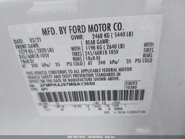 Ford EDGE SEL 2021 2FMPK4J97MBA13650 Image 9