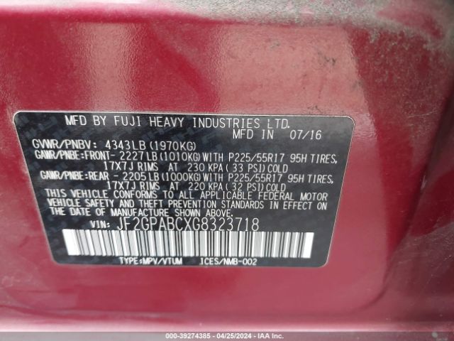JF2GPABCXG8323718 Subaru Crosstrek 2.0i Premium