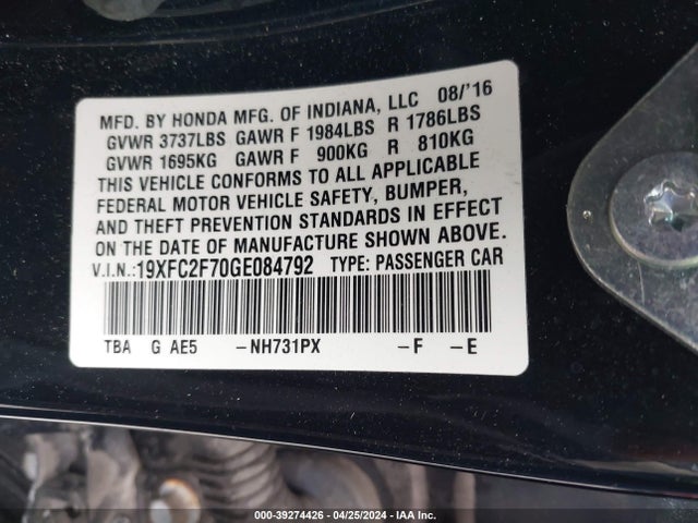 Honda CIVIC EX 2016 19XFC2F70GE084792 Image 9