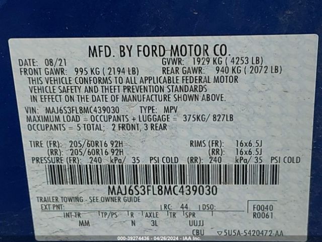 MAJ6S3FL8MC439030 Ford ECOSPORT S