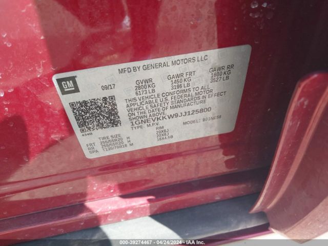 1GNEVKKW9JJ125800 Chevrolet Traverse High Country