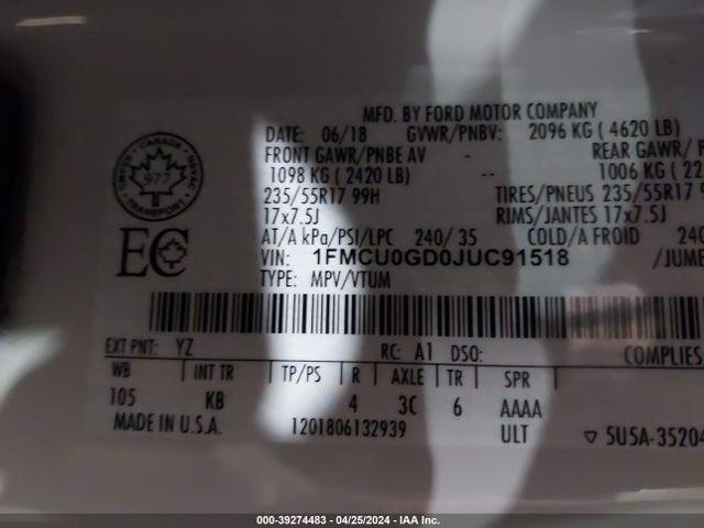 Ford ESCAPE SE 2018 1FMCU0GD0JUC91518 Image 9