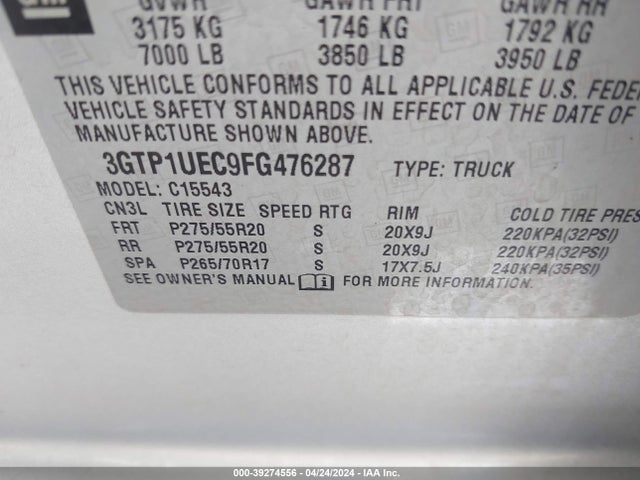3GTP1UEC9FG476287 GMC Sierra 1500 Sle