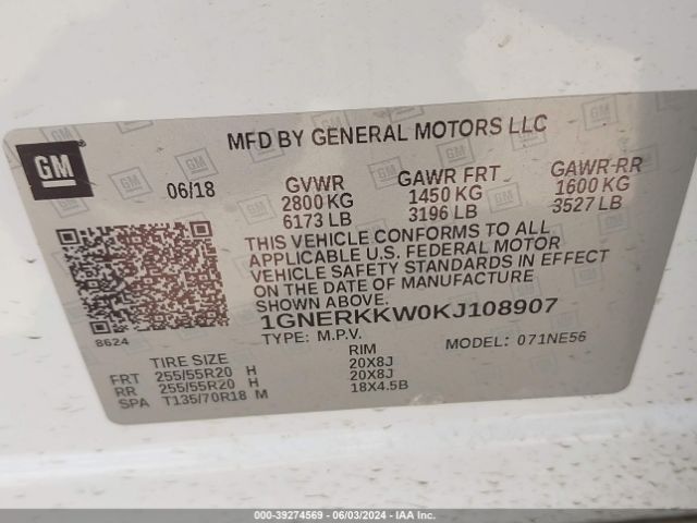 1GNERKKW0KJ108907 Chevrolet Traverse Premier