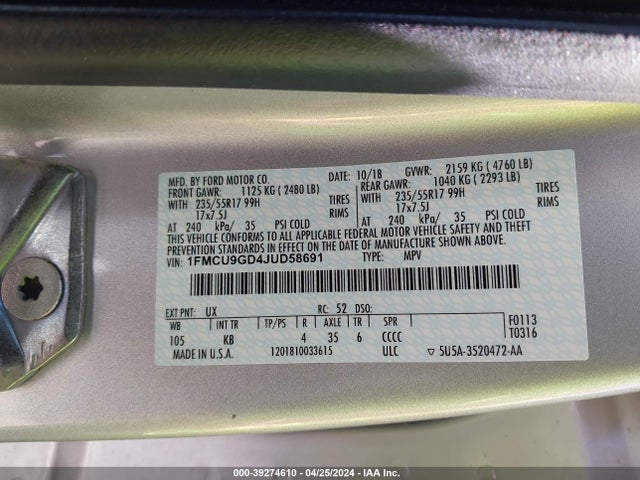 Ford ESCAPE SE 2018 1FMCU9GD4JUD58691 Image 9