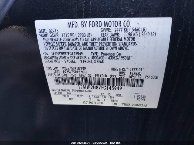 Ford TAURUS SEL 2015 1FAHP2H87FG145949 Image 9