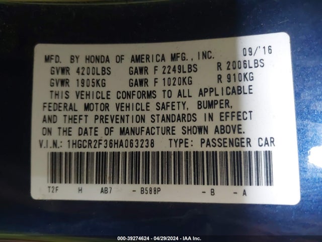 Honda ACCORD LX 2017 1HGCR2F36HA063238 Image 9