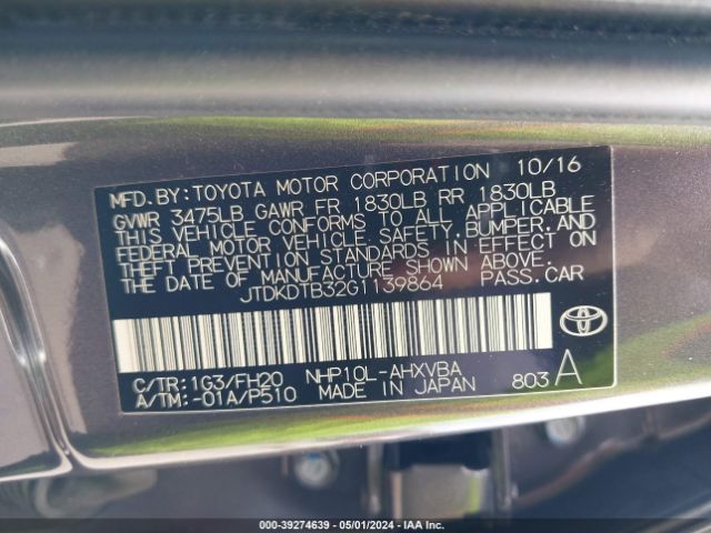JTDKDTB32G1139864 Toyota Prius C One