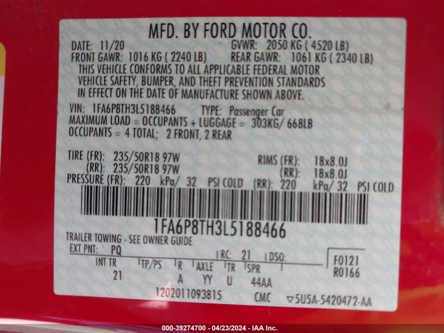 Ford Mustang Ecoboost Fastback 2020 1FA6P8TH3L5188466 Image 9