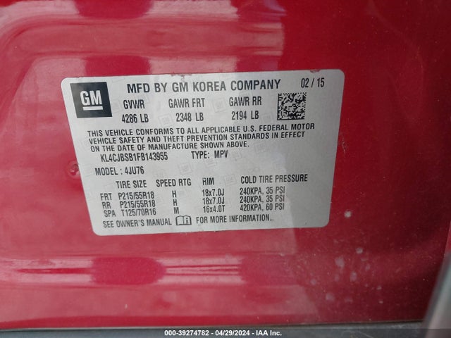 KL4CJBSB1FB143955 Buick Encore Convenience