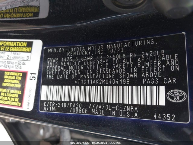 Toyota CAMRY LE 2021 4T1C11AK2MU404198 Image 9