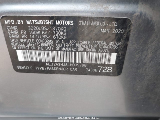 ML32A3HJ8LH009798 Mitsubishi Mirage Es/se