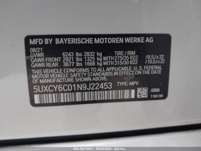 5UXCY6C01N9J22453 BMW X6 Xdrive40i