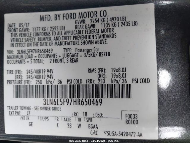 3LN6L5F97HR650469 Lincoln Mkz Reserve