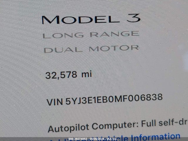 Tesla Model 3 Long Range Dual Motor All-wheel Drive 2021 5YJ3E1EB0MF006838 Image 7