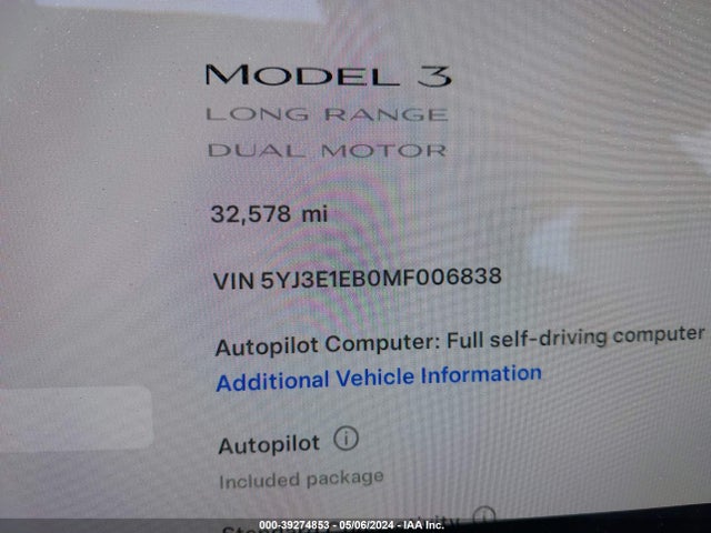 Tesla Model 3 Long Range Dual Motor All-wheel Drive 2021 5YJ3E1EB0MF006838 Image 9
