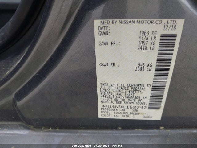 Nissan Altima 2.5 S 2019 1N4BL4BV5KC168742 Image 9