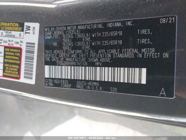 Toyota Highlander Xle 2021 5TDGZRBH6MS145106 Image 9