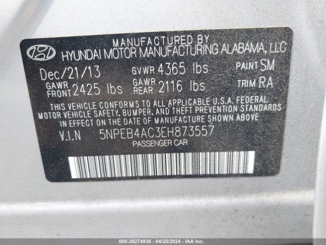 5NPEB4AC3EH873557 Hyundai SONATA GLS
