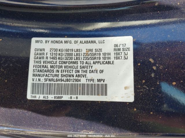 5FNRL6H94JB012904 Honda Odyssey Elite