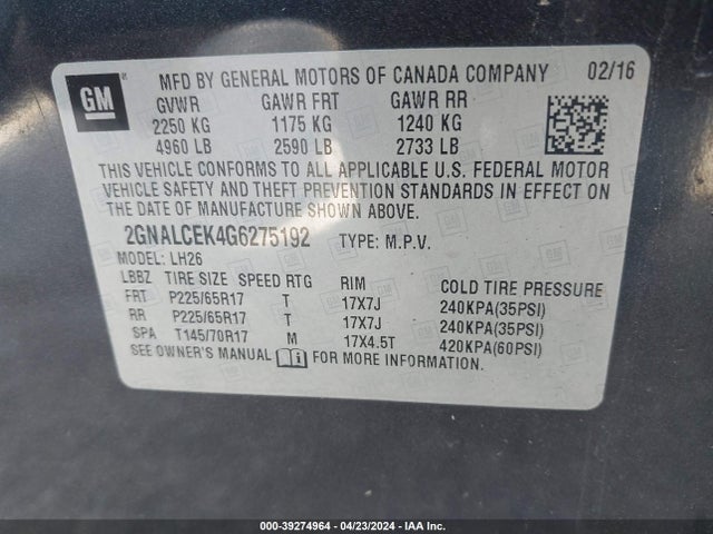 Chevrolet EQUINOX LT 2016 2GNALCEK4G6275192 Image 9