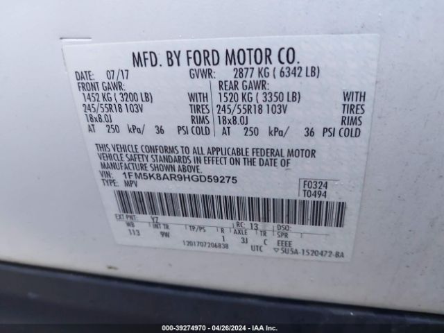 1FM5K8AR9HGD59275 Ford Utility Police Interceptor