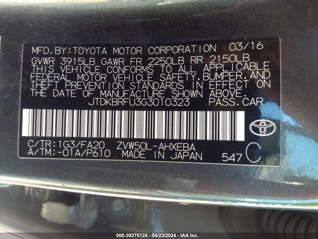 Toyota Prius Two 2016 JTDKBRFU3G3010323 Image 9