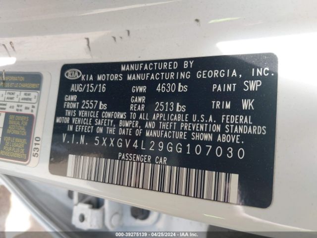 5XXGV4L29GG107030 KIA Optima Sxl Turbo