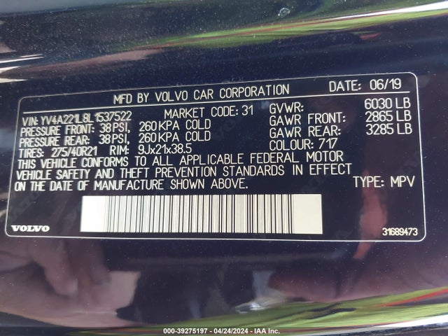 YV4A221L8L1537522 Volvo Xc90 T6 Inscription 6 Passenger