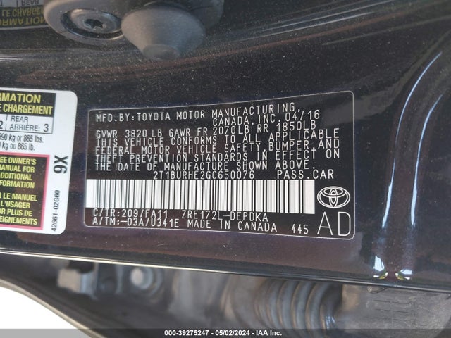 Toyota COROLLA L 2016 2T1BURHE2GC650076 Image 9