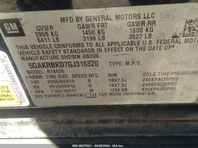 5GAKRBKD7GJ316320 Buick Enclave Leather