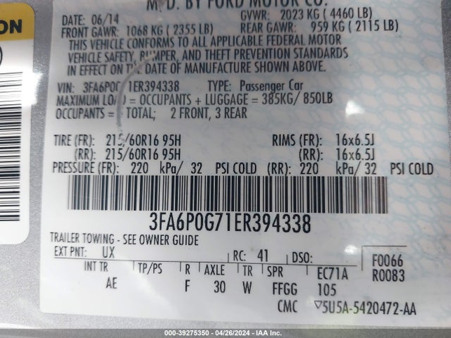 Ford FUSION S 2014 3FA6P0G71ER394338 Image 9