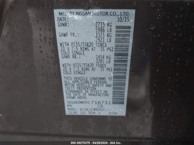 Nissan Pathfinder Platinum 2015 5N1AR2MN3FC716731 Image 9