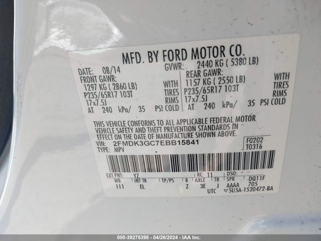 Ford EDGE SE 2014 2FMDK3GC7EBB15841 Image 9