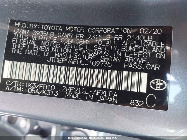 Toyota COROLLA LE 2020 JTDEPRAE0LJ109735 Image 9