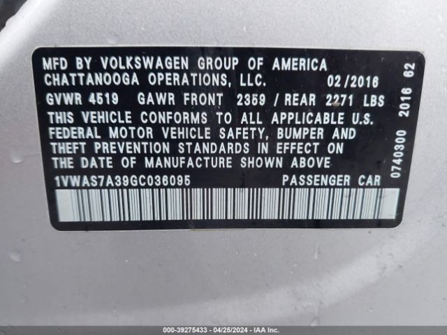 1VWAS7A39GC036095 Volkswagen Passat 1.8t S